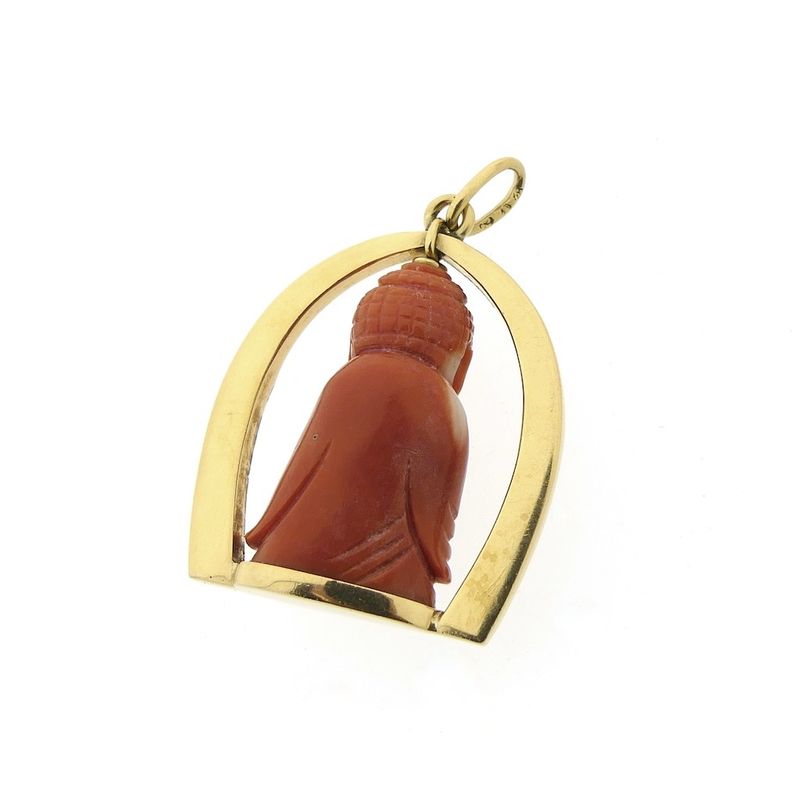 Image 9 of 18-karat two-tone gold Buddhist pendant with blood coral and diamond | approx. 0.08 ct.