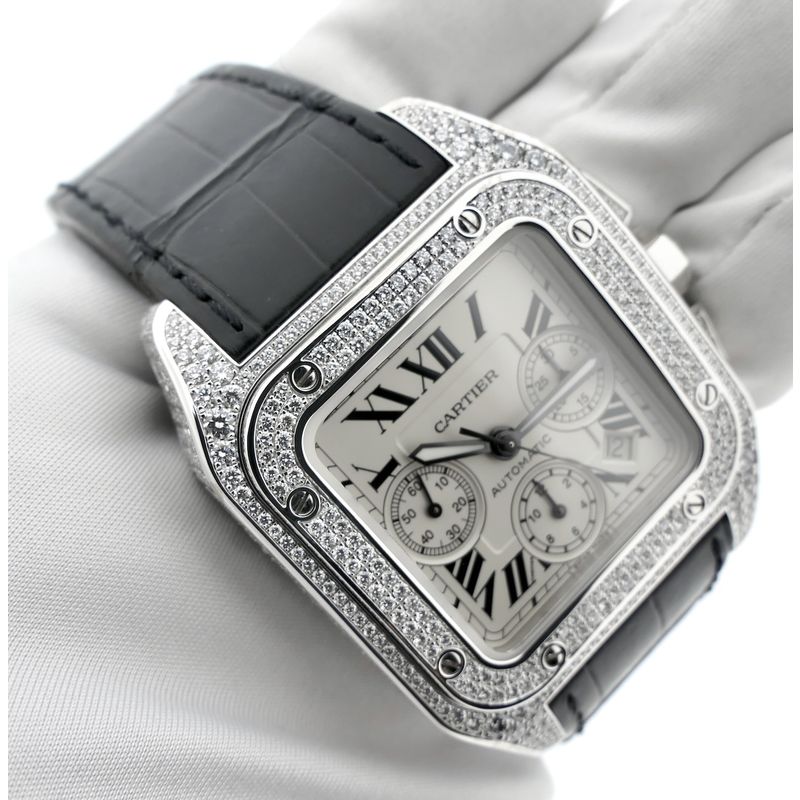 Image 22 of Cartier Santos 100 XL Chronograph 'Factory-Set' Diamonds 2891; 18k white gold watch with diamonds