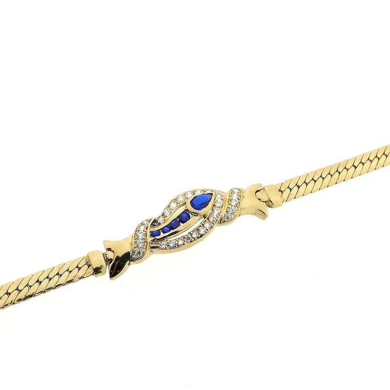 Image 9 of Gold flat gourmet link bracelet with synthetic sapphire and zirconia | 20.5 cm