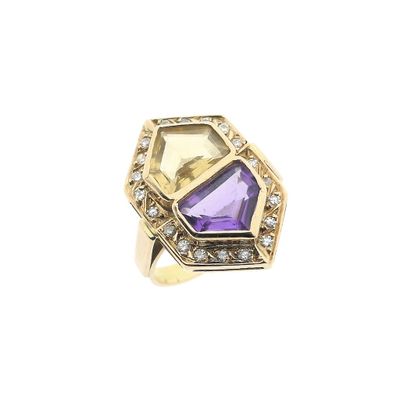 Vintage gold ring with citrine, amethyst and diamonds; 0.20 ct. Image 1 of Vintage gold ring with citrine, amethyst and diamonds; 0.20 ct.