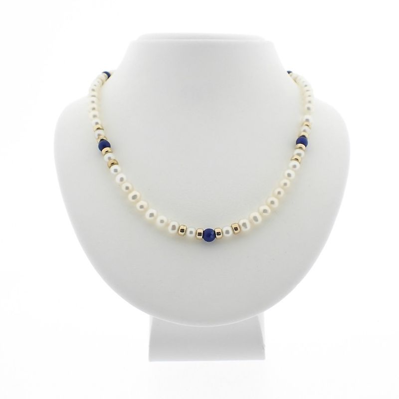 Image 1 of Pearl necklace with lapis lazuli and gold clasp | 43 cm