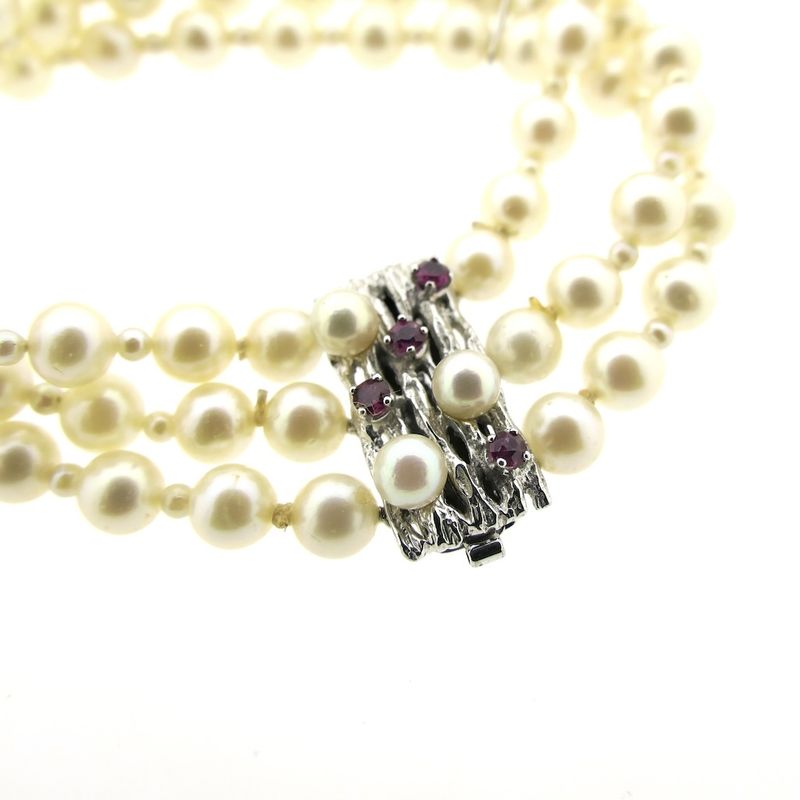 Image 3 of White gold pearl bracelet with ruby | 18 cm