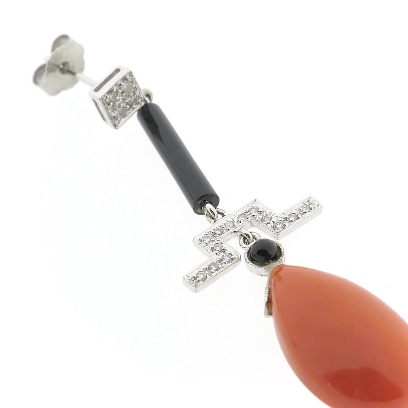 Image 11 of White gold stud earrings with onyx, blood coral and diamond 0.17 ct.