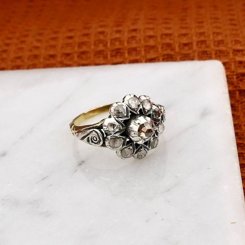 Image 2 of Gold & Silver Ring with Rose Cut Diamonds; 0.24 ct.