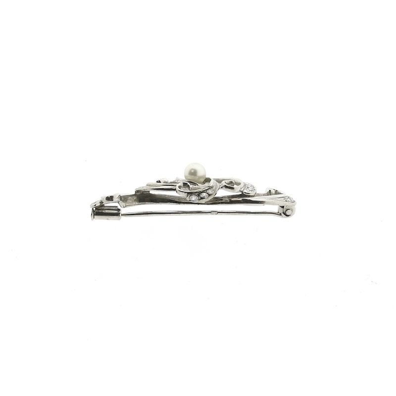 Image 4 of White gold Art Nouveau brooch set with pearl and diamond; 0.27 ct.