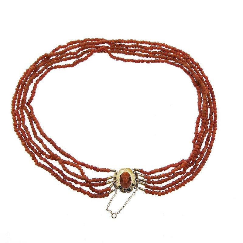 Image 14 of Antique blood coral bead necklace with gold clasp