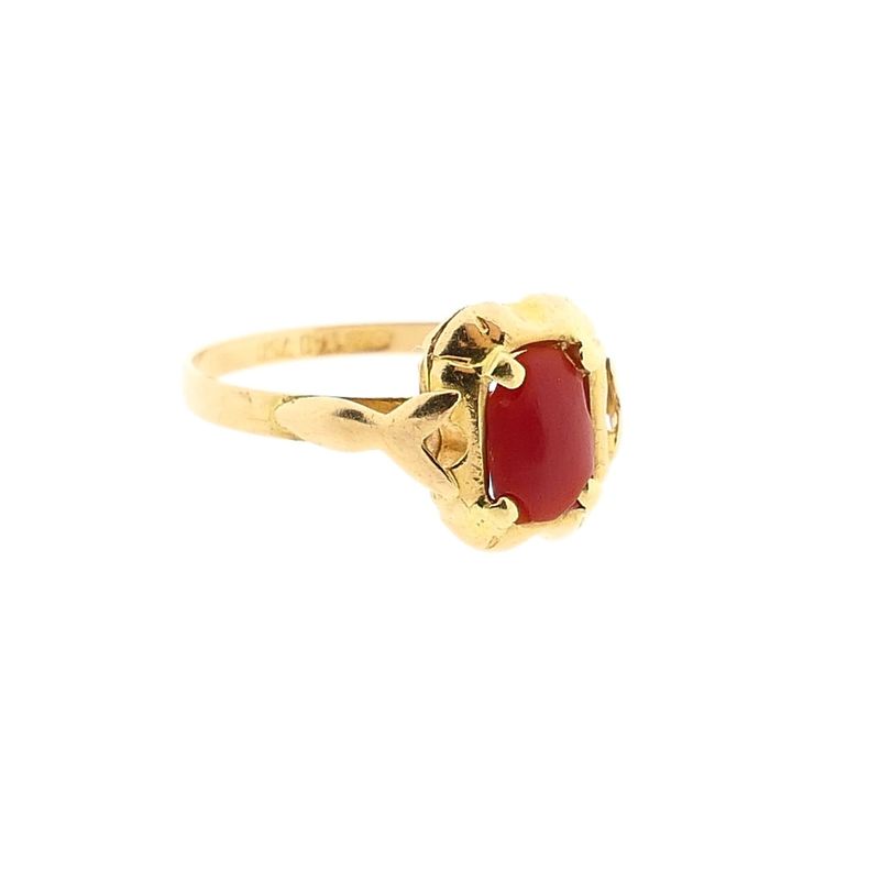 Afbeelding 4 van 18 Krt. antiek gouden ring met bloedkoraal
