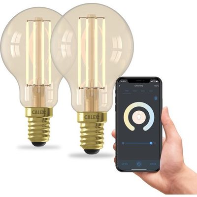 Calex Slimme Lamp - Set van 2 stuks - Wifi LED Filament Verlichting - E14 - Smart Bulb Goud - Dimba Foto van Calex Slimme Lamp - Set van 2 stuks - Wifi LED Filament Verlichting - E14 - Smart Bulb Goud - Dimba
