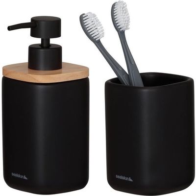 Afbeelding van Sealskin Mind - Badkamerset - Zeepdispenser 200 ml - Tandenborstelbeker - Zwart