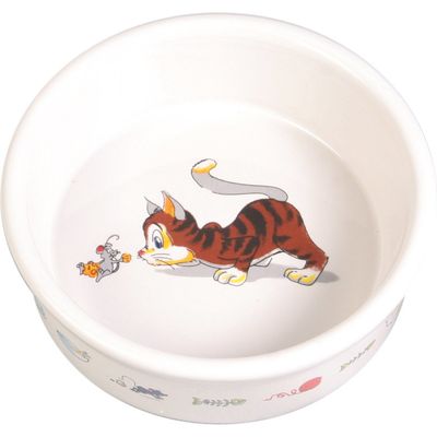 Afbeelding van TRIXIE VOERBAK / WATERBAK STRIPKAT MET MUIS KERAMIEK WIT