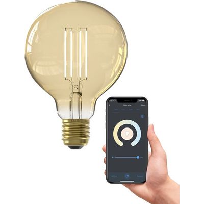 Calex Slimme Lamp - Wifi LED Filament Verlichting - Globe 9,5cm - E27 - Smart Lichtbron Goud- Dimba Foto van Calex Slimme Lamp - Wifi LED Filament Verlichting - Globe 9,5cm - E27 - Smart Lichtbron Goud- Dimba