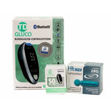 Foto van TD gluco meter, prikpen, 50 strips en 100 HT one 28G lancetten