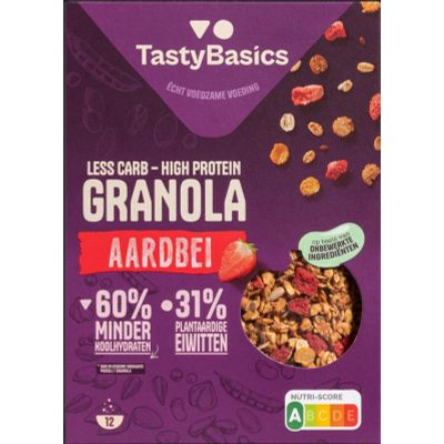 Tastybasics Less carb-high protein granola aardbei Tastybasics Less carb-high protein granola aardbei 350 gram - Voeding