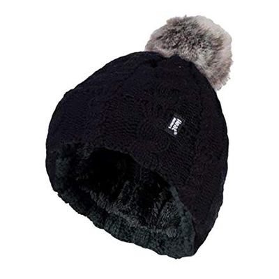 Heat Holders Ladies turnover cable hat with pom pom black