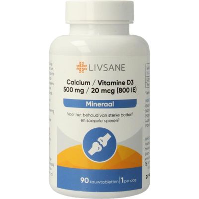Livsane Calcium 500mg / Vitamine D3 sinaasappel Foto van Livsane Calcium 500mg / Vitamine D3 sinaasappel