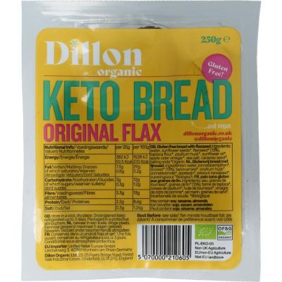 Dillon Organic Keto bread original flax glutenvrij dem bio Dillon Organic Keto bread original flax glutenvrij dem bio 250 gram - Voeding