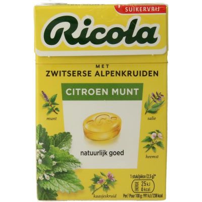 Ricola Citroen munt suikervrij doosje 50 gram - Snoepgoed suikervrij