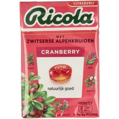 Ricola Cranberry suikervrij doosje 50 gram - Snoepgoed suikervrij