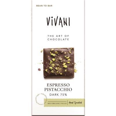 Vivani Espresso pistacchio dark 75% bio Vivani Espresso pistacchio dark 75% bio 80 gram - Snoepgoed