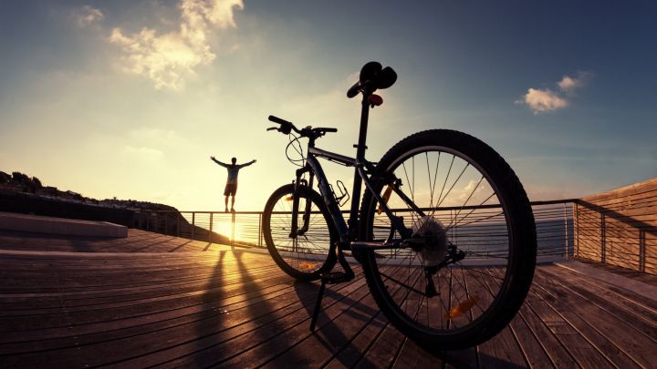 silhouette of young and active sportsman and his mountain bike standing on the railing with outstretched arms near the ocean and looking far away at the sunset