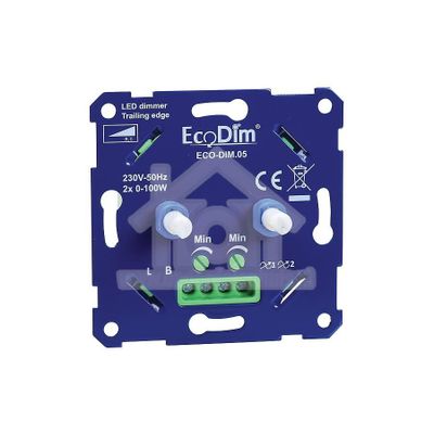 Ecodim Dimmer LED Duo Dimmer fase afsnijding 2x 0-1000W, 230V, druk/draaischakelaar ECO-DIM.05