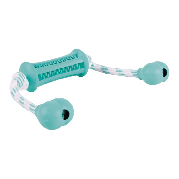 Trixie Denta Fun stick met koord muntsmaak natuurrubber Foto van Trixie Denta Fun stick met koord muntsmaak natuurrubber
