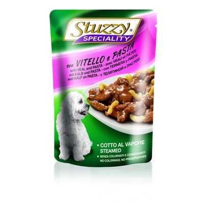 Stuzzy Speciality pouch kalfsvlees met pasta Foto van Stuzzy Speciality pouch kalfsvlees met pasta