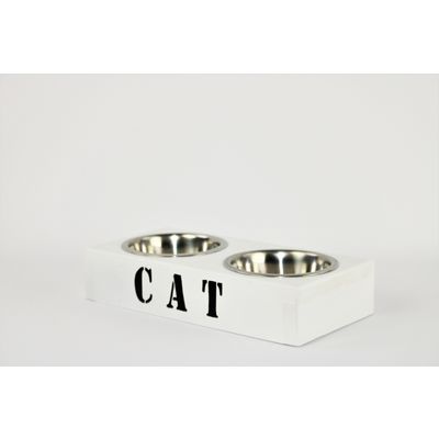 Dubbele Voerbak Kat - Wit Hout/RVS Foto van Dubbele Voerbak Kat - Wit Hout/RVS