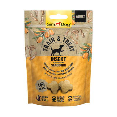 GimDog Train & Treat insecten & duindoorn 125 g Foto van GimDog Train & Treat insecten & duindoorn 125 g