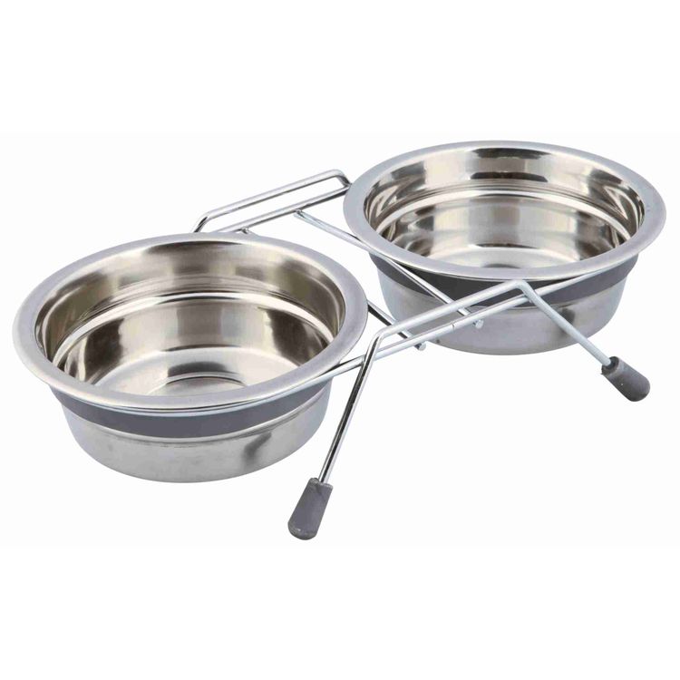 Trixie Voer/waterbak-set klapperbescherming RVS/metaal - 2 stuks Foto van Trixie Voer/waterbak-set klapperbescherming RVS/metaal - 2 stuks