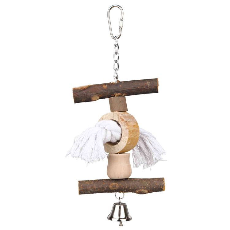 Trixie Speelgoed met ketting touw en klokje schorshout - 3 stuks Foto van Trixie Speelgoed met ketting touw en klokje schorshout - 3 stuks