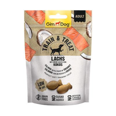 GimDog Train & Treat zalm & kokosnoot 125 g Foto van GimDog Train & Treat zalm & kokosnoot 125 g