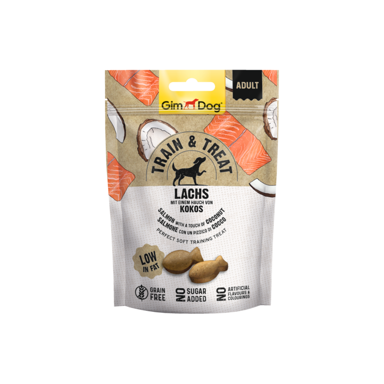 GimDog Train & Treat zalm & kokosnoot 125 g Foto van GimDog Train & Treat zalm & kokosnoot 125 g