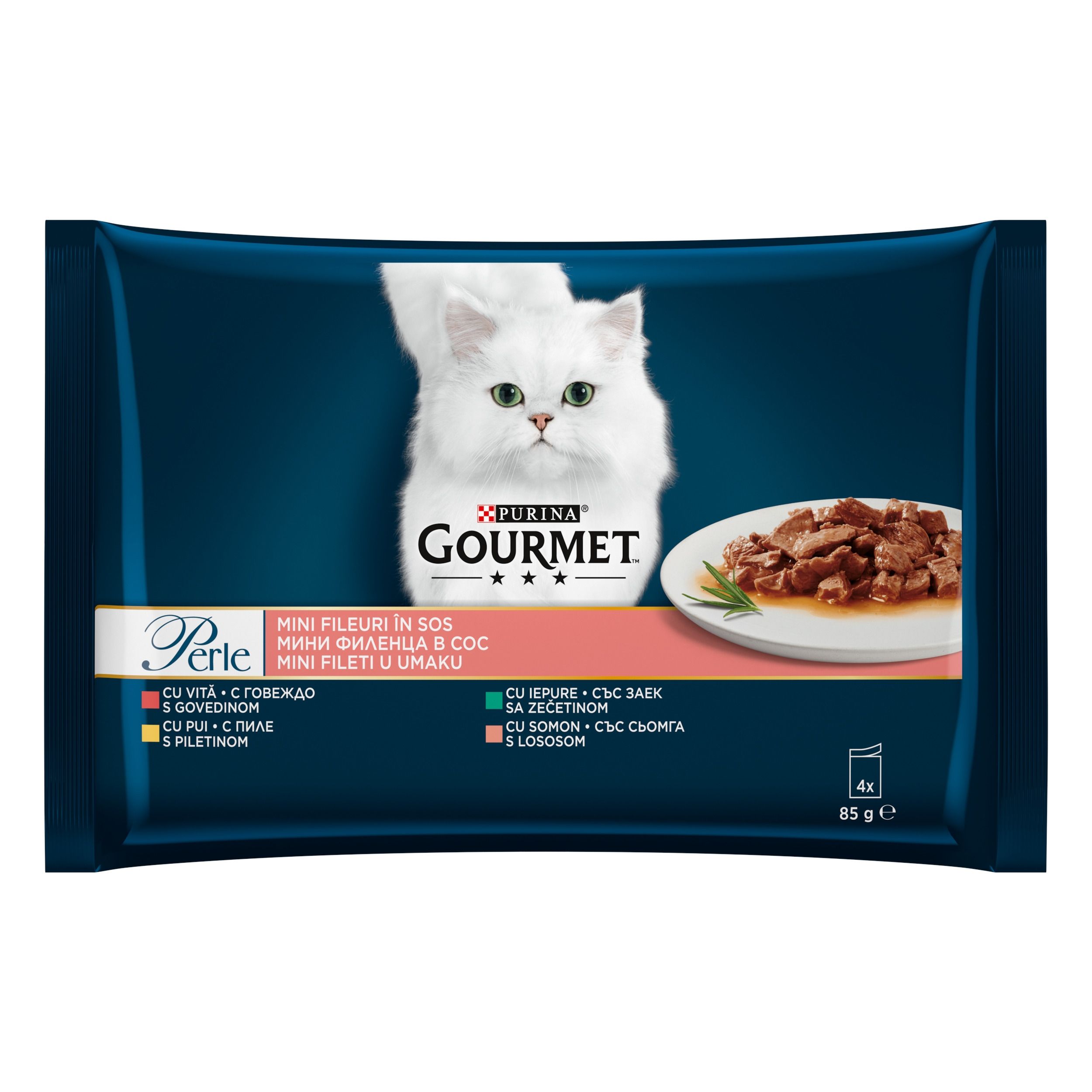 Gourmet Perle Multipack, Vita, Pui, Iepure & Somon, 4 x 85 g