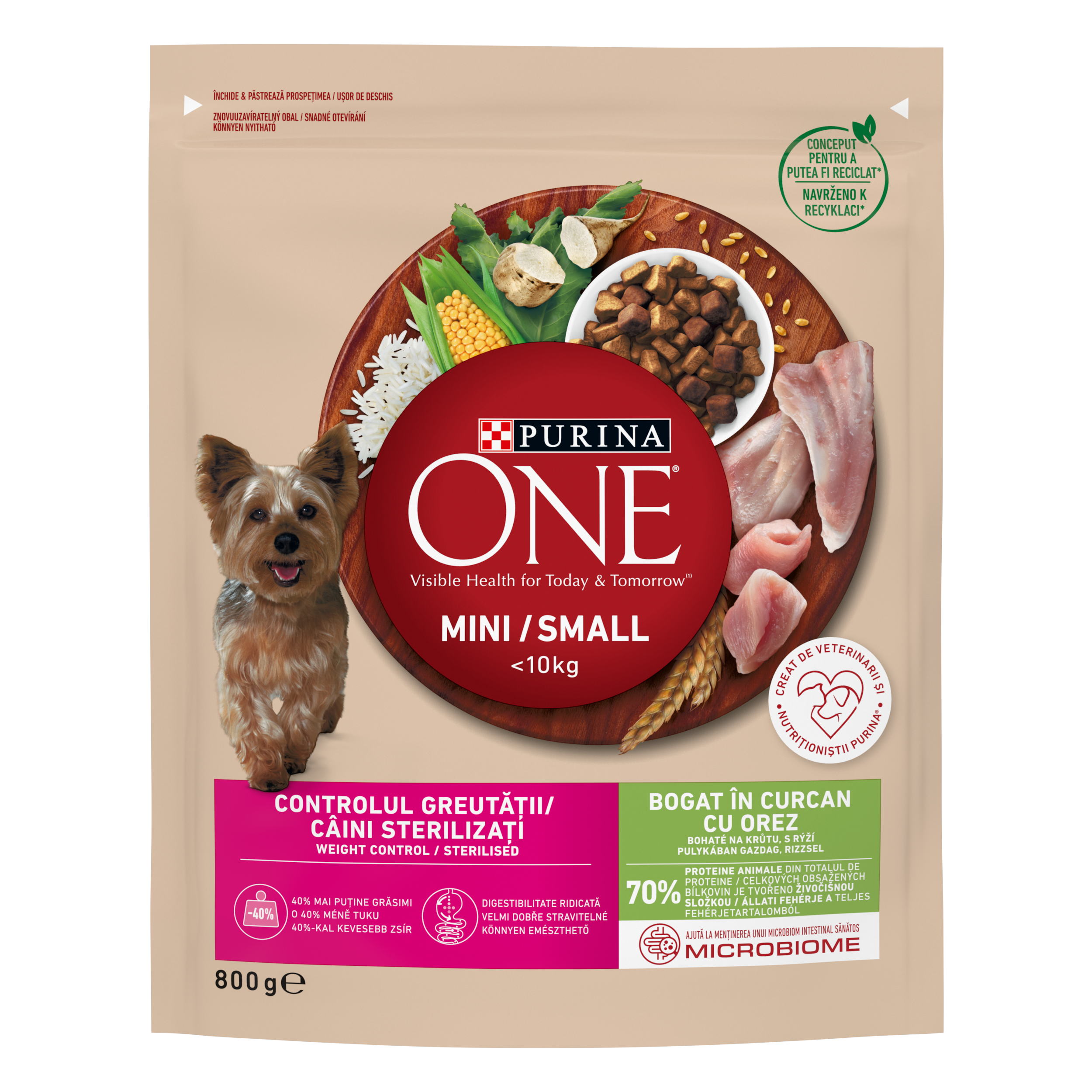 PURINA ONE MINI Weight Control, Curcan si Orez, hrana uscata pentru caini, 800 g