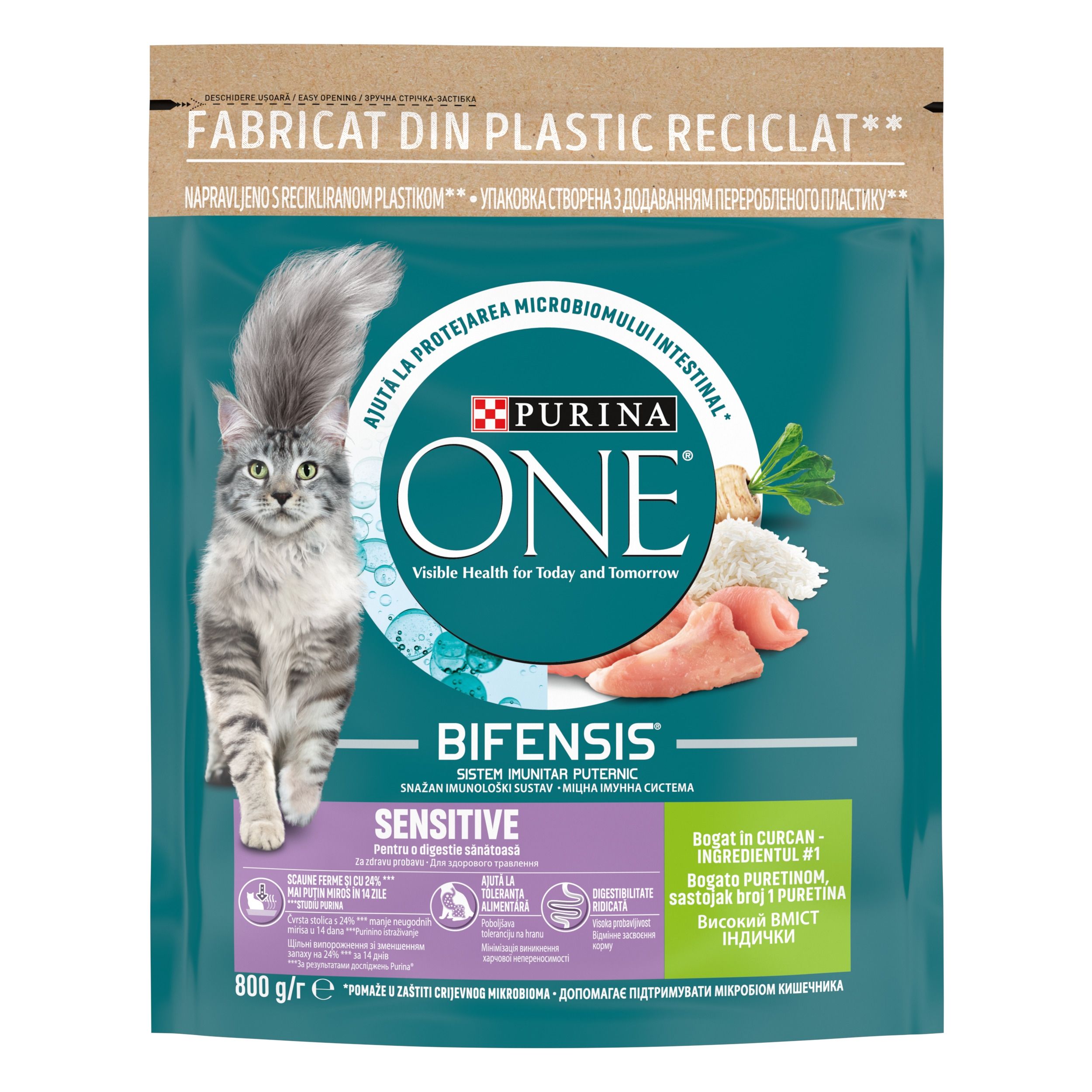 PURINA ONE SENSITIVE, Curcan si Orez, hrana uscata pentru pisici, 800 g