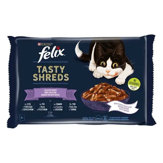 Felix Tasty Shreds, Vita, Pui, Somon si Ton in sos, 4x80 g