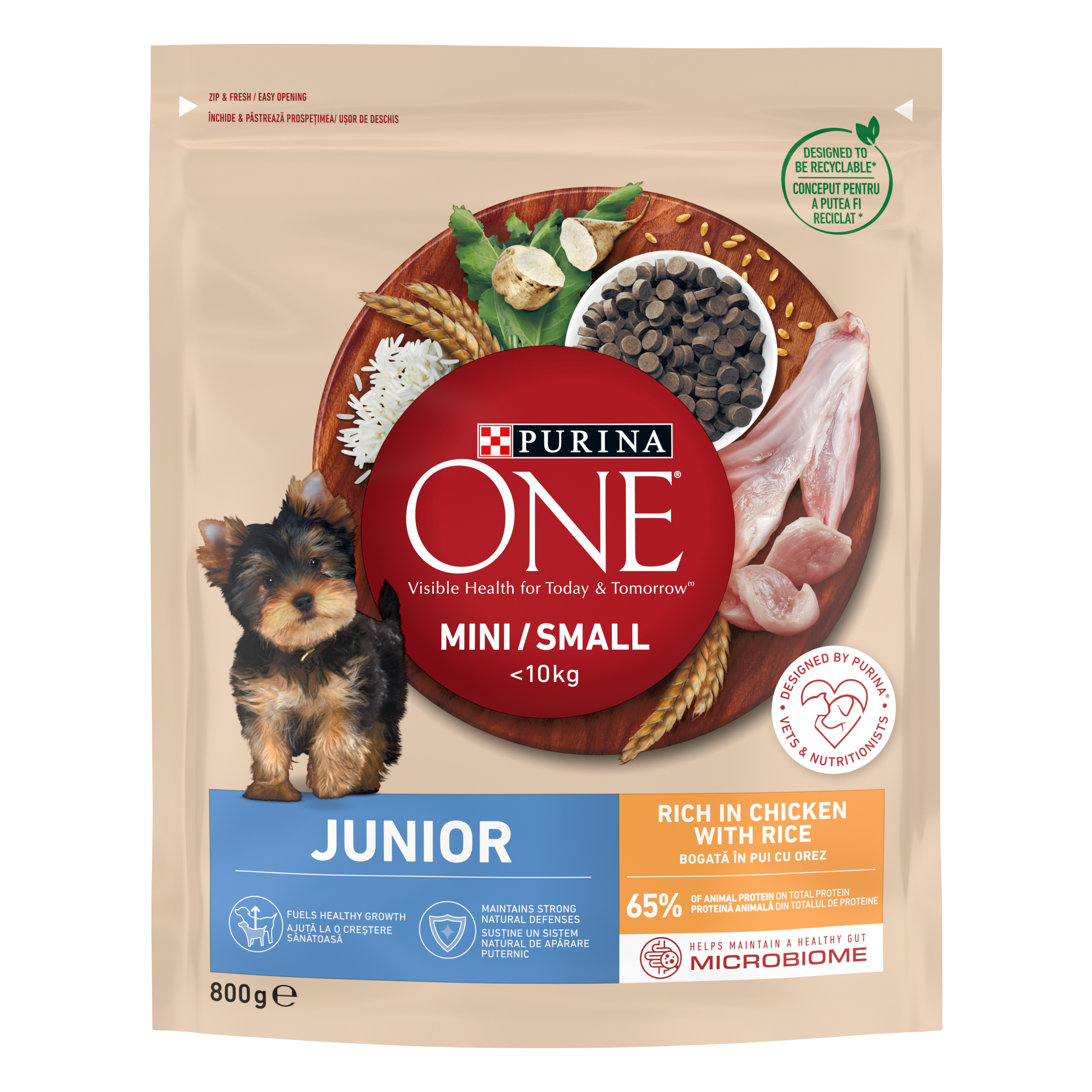 PURINA ONE MINI Dog Junior, Pui si Orez, hrana uscata pentru caini, 800 g