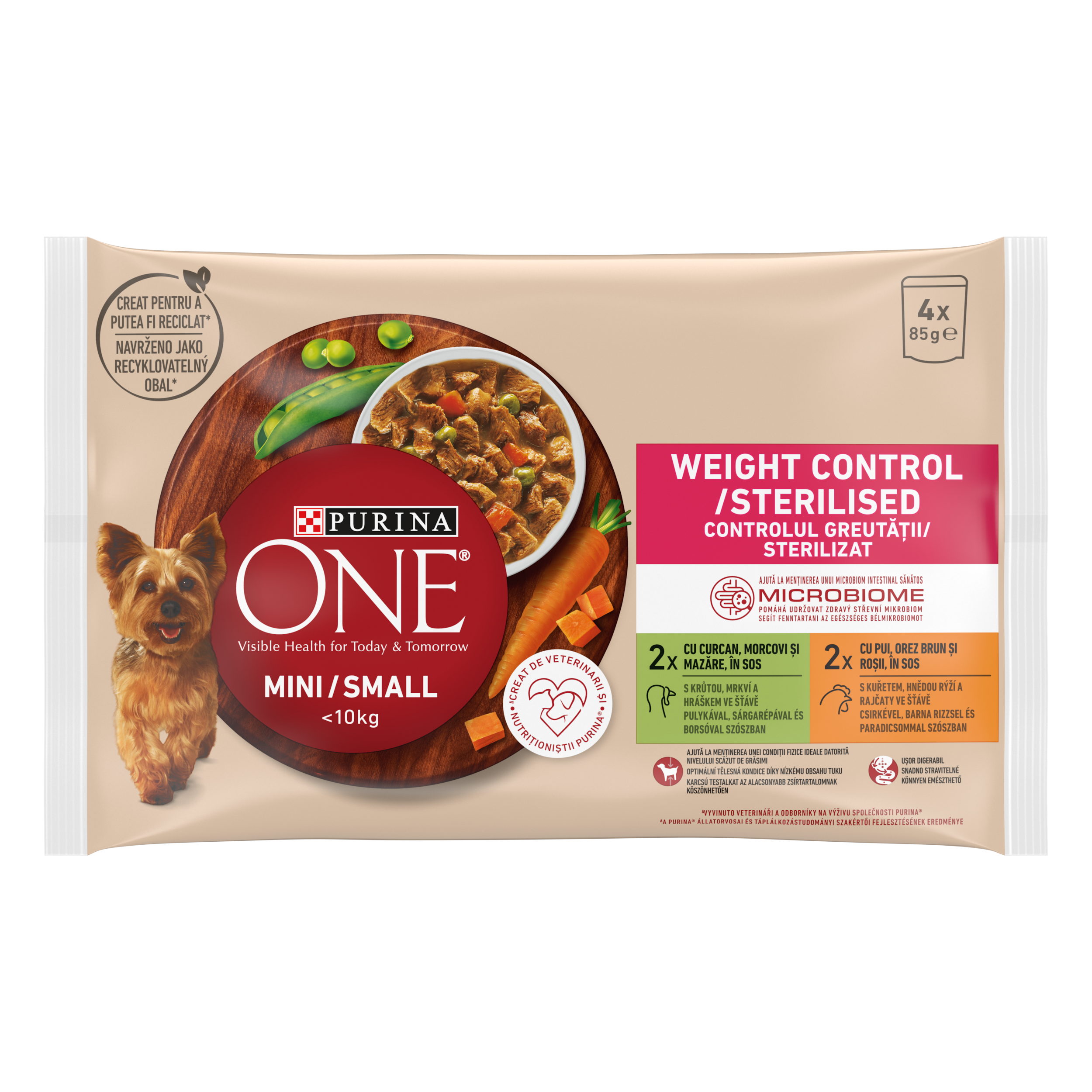 PURINA ONE MINI Weight Control/ Sterilised, curcan, morcovi, si mazare/ cu pui, orez brun, si rosii, in sos, 4x85 g