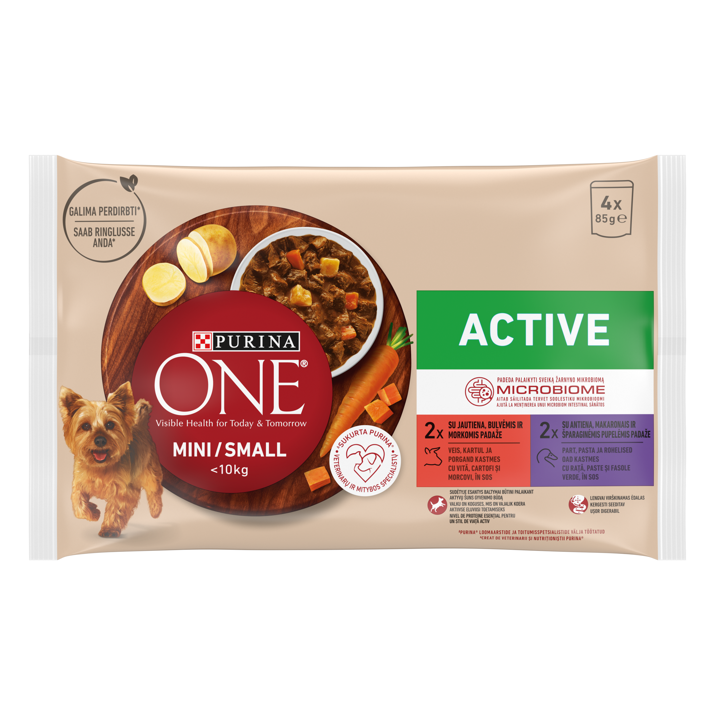 PURINA ONE MINI Active, vita, cartofi, si morcovi/ cu rata, paste si fasole verde, in sos, 4x85 g