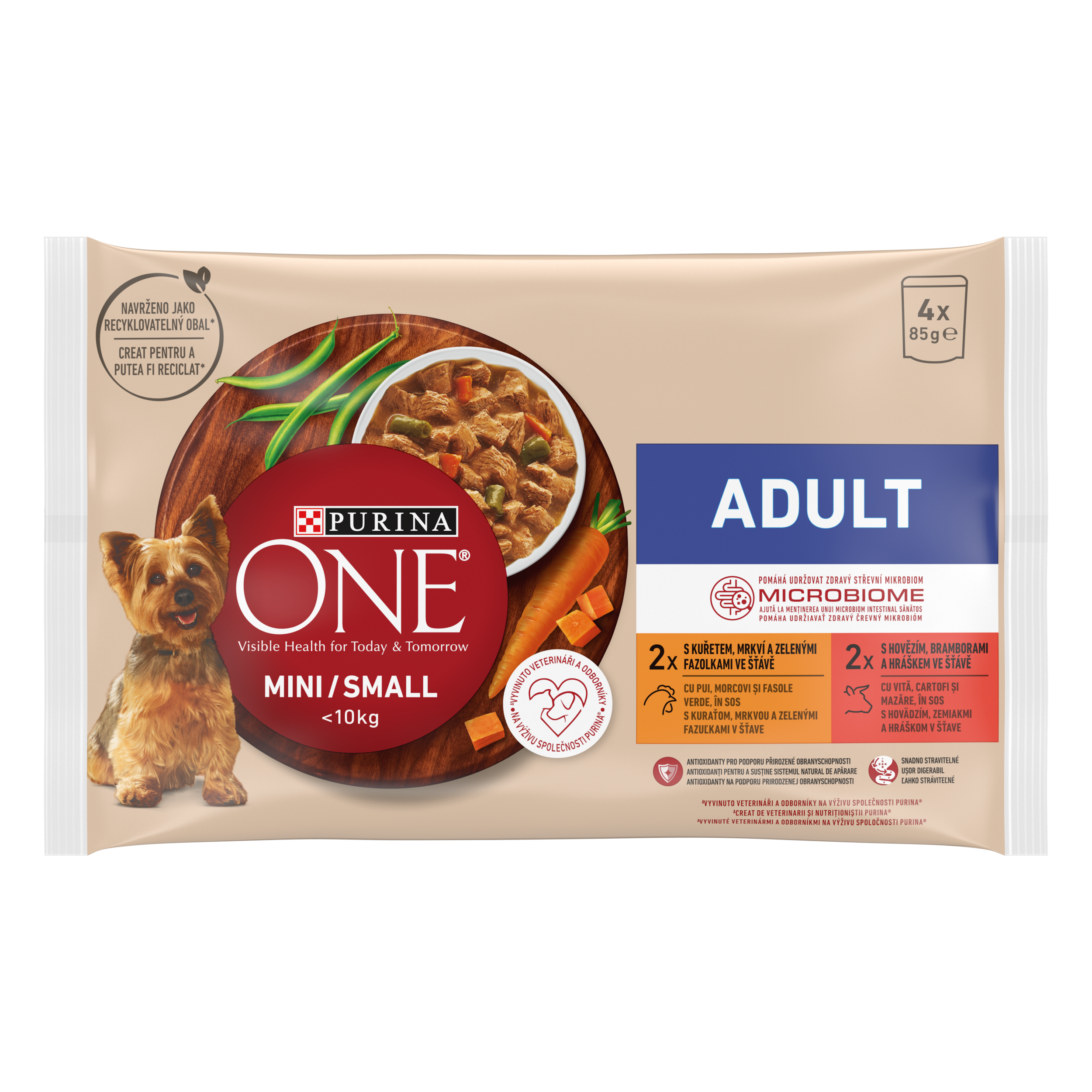 PURINA ONE MINI Adult, pui, morcovi si fasole verde/ cu vita, cartofi si mazare, in sos, 4x85 g