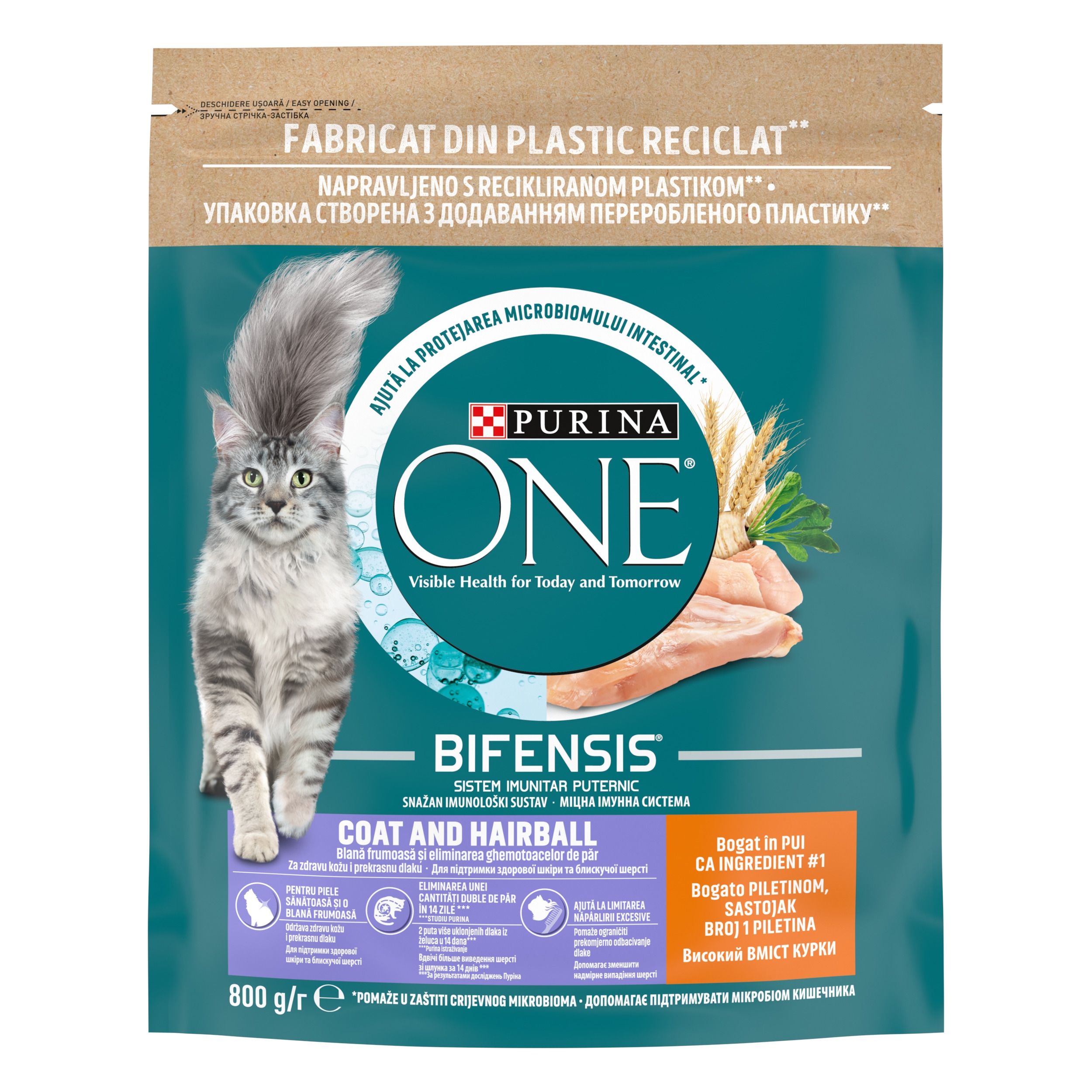 PURINA ONE COAT and HAIRBALL, Pui si Cereale Integrale, hrana uscata pentru pisici, 800 g