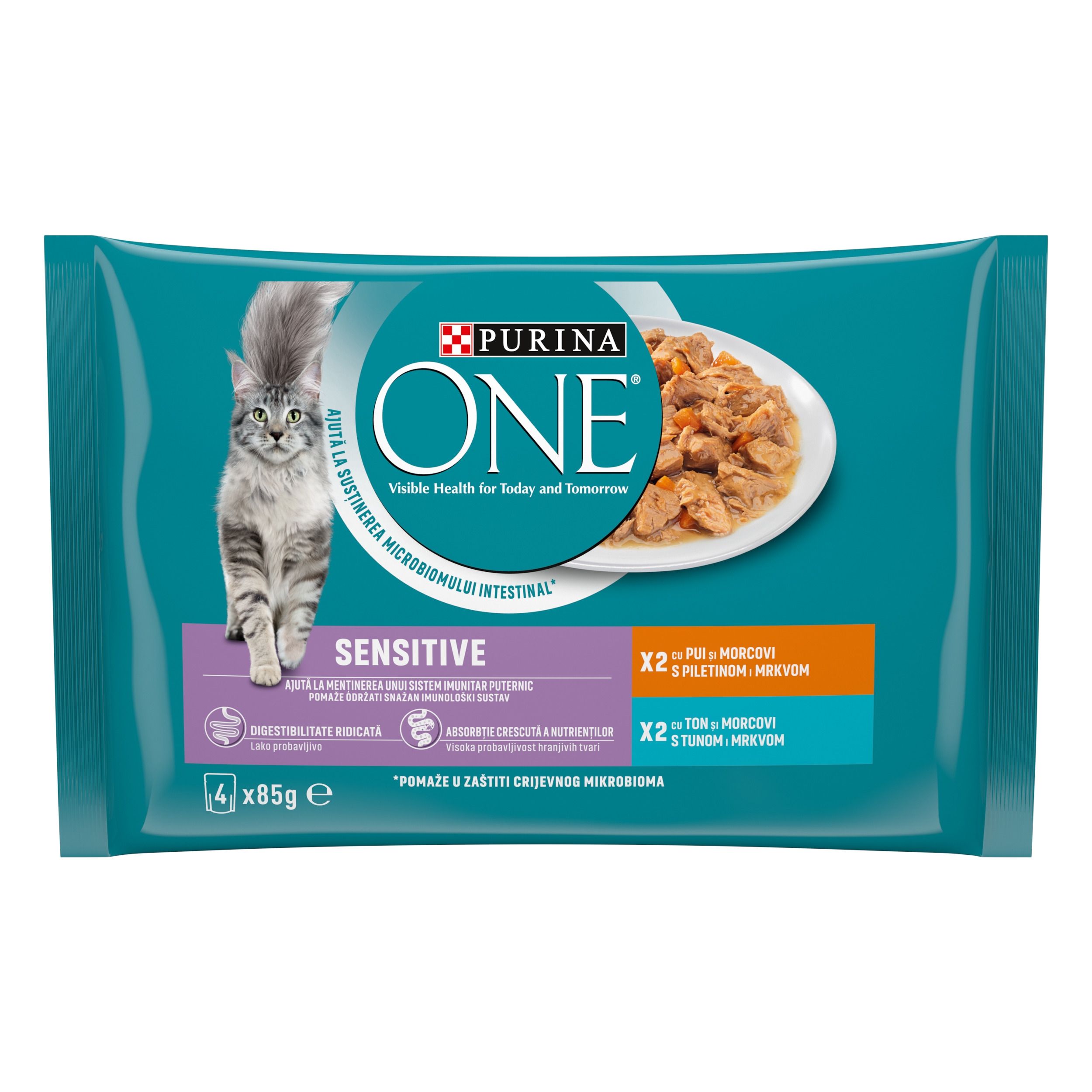 PURINA ONE SENSITIVE, Pui/ Ton, Mini Fileuri in Sos, 4x85 g