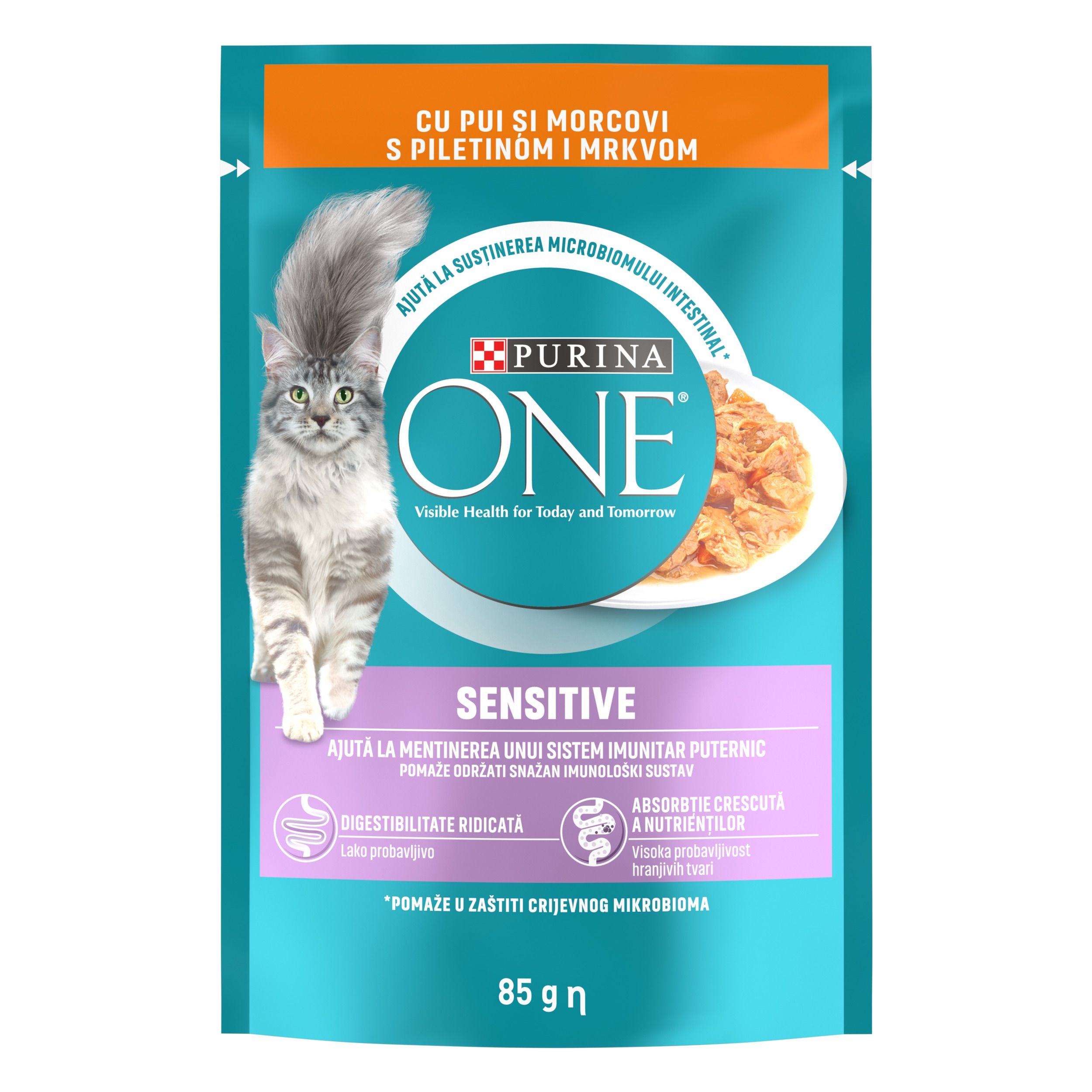 PURINA ONE SENSITIVE, mini fileuri cu Pui si Morcov in sos, 85 g