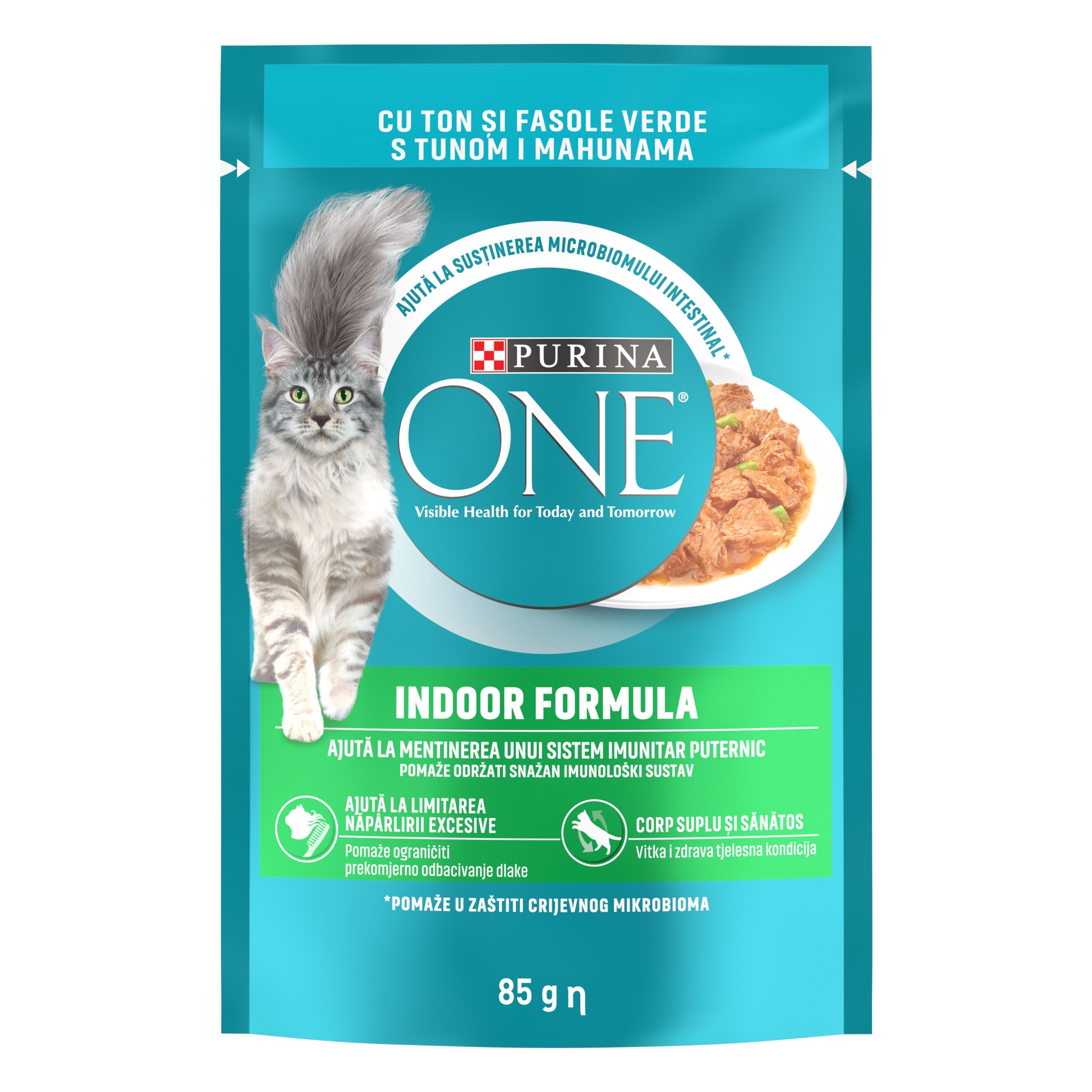 PURINA ONE Indoor, mini fileuri cu Ton si Fasole Verde in sos, 85 g