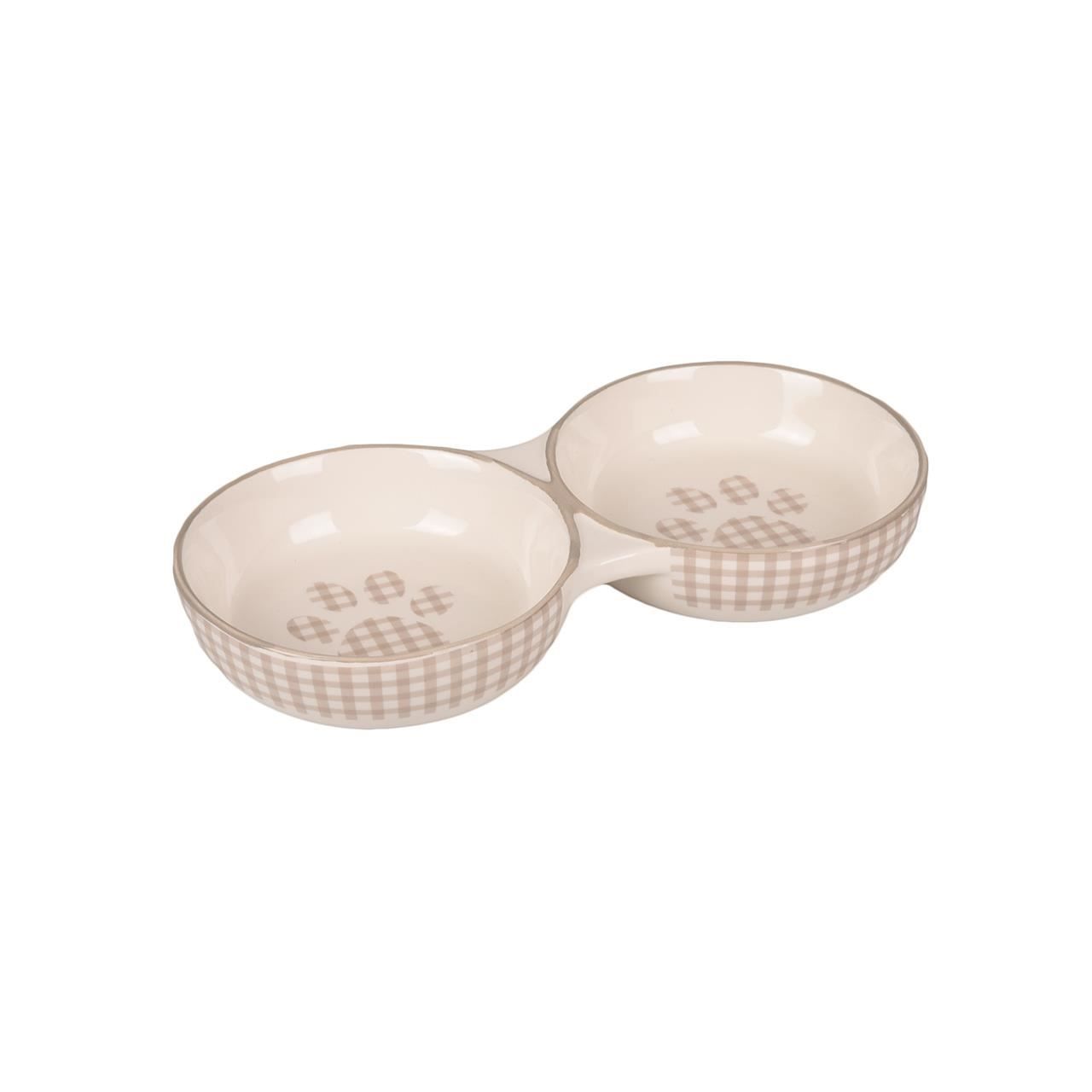 Castron Dublu din Ceramica pentru Pisici, Flamingo Mylo Alb-Crem, 2x11 cm/ 145 ml