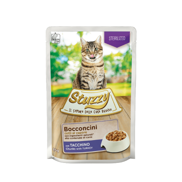 Stuzzy Cat, plic bucati sos sterilized curcan, 85 g