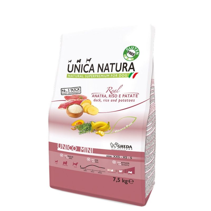 Hrana Uscata Natura Unica Caini Talie Mica cu Rata, Orez Si Cartofi, 7.5 kg