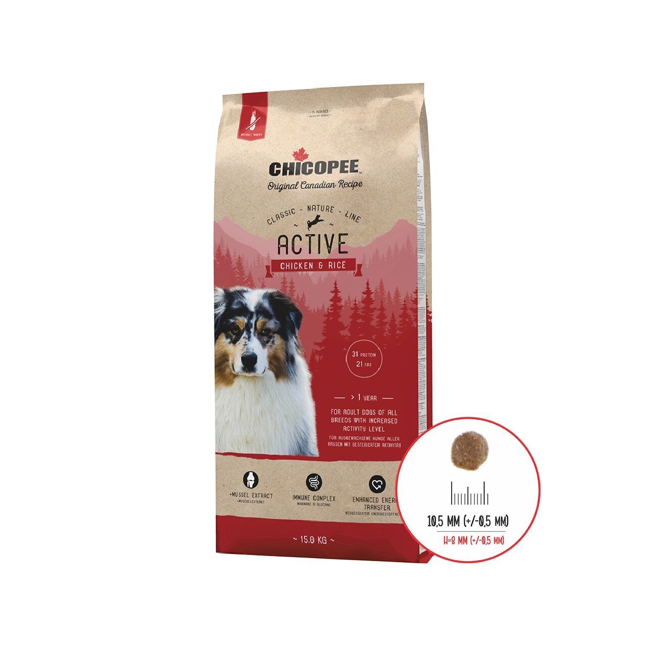 Hrana Uscata Caini, Chicopee Classic Nature Line, Active, Chicken & Rice, 15 kg