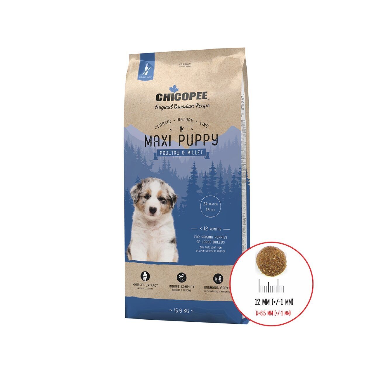 Hrana Uscata Caini, Chicopee Classic Nature Line, Maxi Puppy, Poultry & Millet, 15 kg